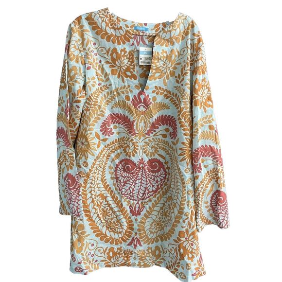 J McLaughlin Paisley Bay TUNIC TOP Cover Up Aqua/Marigold Coastal Paisley Sz M - Picture 1 of 8